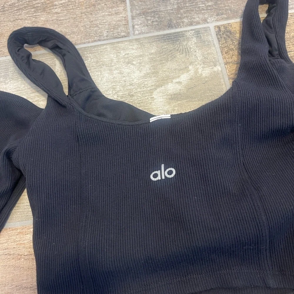 Alo Yoga Ribbed Cropped Butterfly Long Sleeve Black Top Cutout Cold Shoulder S